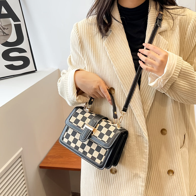 チェック柄 スクエア ハンドバッグ|バックル装飾 ショルダーバッグ|レディース フラップ パース