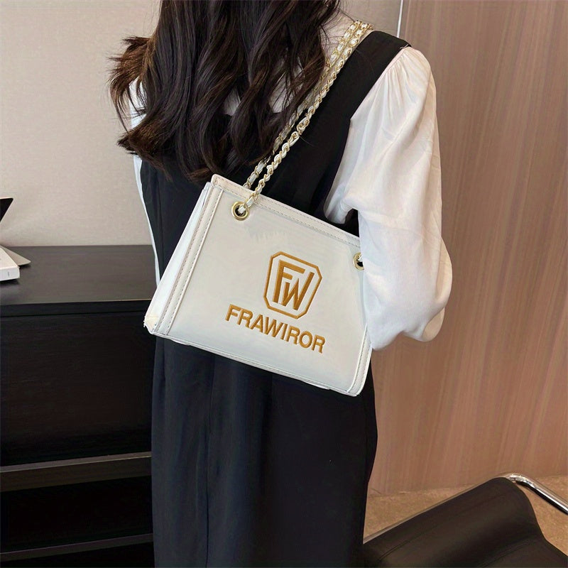 レターパターン スクエア ショルダーバッグ|PUレザー ファスナー付き スリングバッグ|大容量 カジュアル クロスボディバッグ