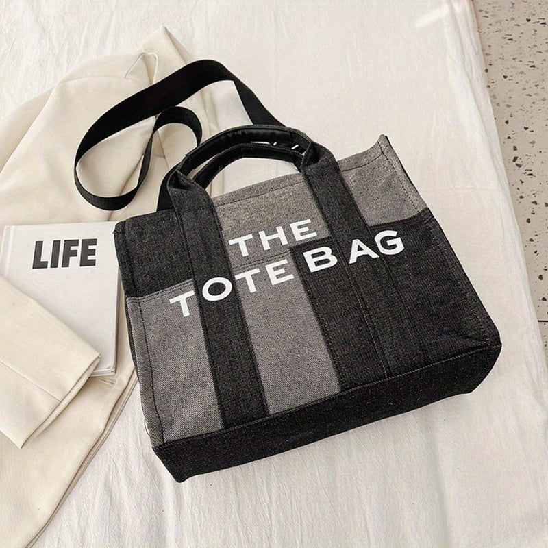 カラーブロック デニム トートショルダーバッグ|軽量 シンプル レタープリント バッグ|トレンド サッチェルバッグ