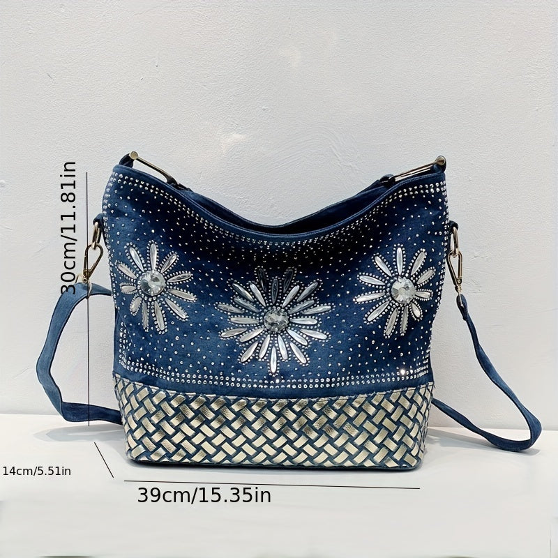 フラワー柄 ラインストーン装飾 ショルダーバッグ|トレンド デニム クロスボディバッグ|オールマッチ レディースバッグ