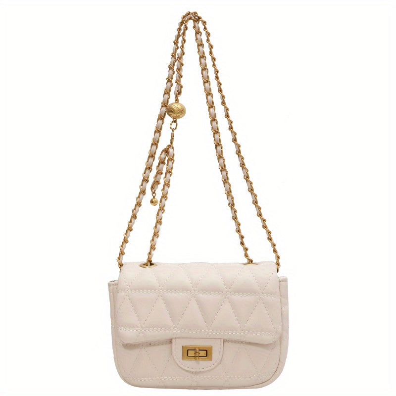 アーガイル キルティング チェーン クロスボディバッグ|ミニ ターンロック ショルダーバッグ|レディース 合成皮革 フラップ パース