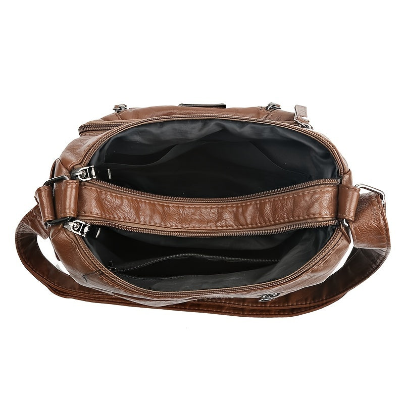 パッチ装飾 クロスボディバッグ|レディース ソフト PUレザー ショルダーバッグ|大容量 マルチファスナー パース