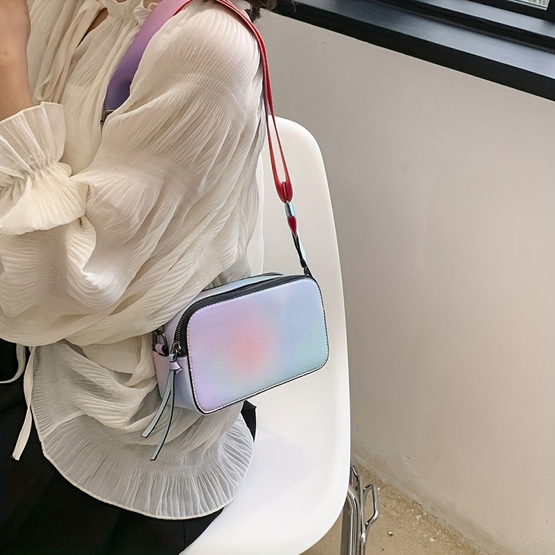 タイダイ レインボーカラー ファスナー ショルダーバッグ|ダブルファスナー クロスボディバッグ|長さ調節可能 ストラップ付き