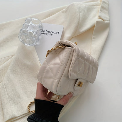 アーガイル キルティング チェーン クロスボディバッグ｜ミニ ターンロック ショルダーバッグ｜レディース 合成皮革 フラップ パース