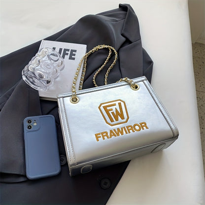 レターパターン スクエア ショルダーバッグ｜PUレザー ファスナー付き スリングバッグ｜大容量 カジュアル クロスボディバッグ