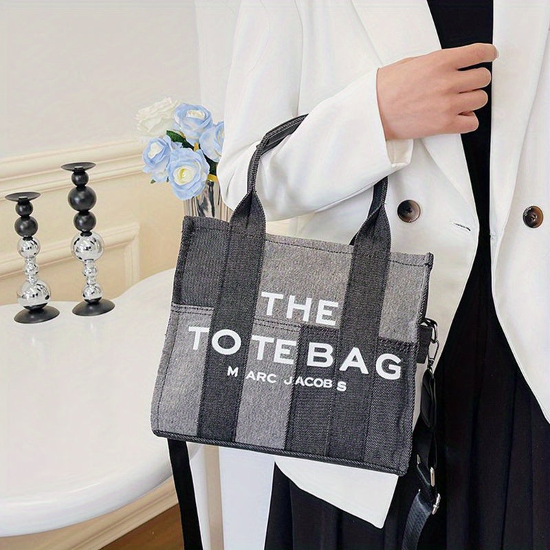 カラーブロック デニム トートショルダーバッグ｜軽量 シンプル レタープリント バッグ｜トレンド サッチェルバッグ