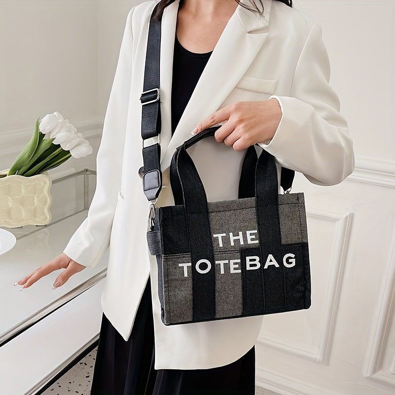 ステッチ入り デニム トートバッグ｜レタープリント クロスボディバッグ｜レディース トレンド 通勤 ハンドバッグ