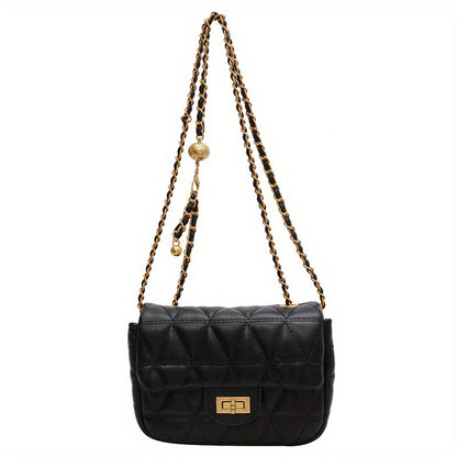 アーガイル キルティング チェーン クロスボディバッグ｜ミニ ターンロック ショルダーバッグ｜レディース 合成皮革 フラップ パース