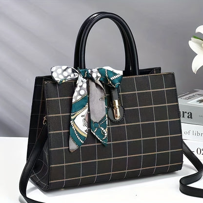 ウィンドウペーン柄 トートバッグ｜スカーフ装飾 サッチェル パース｜レディース 合成皮革 クロスボディバッグ