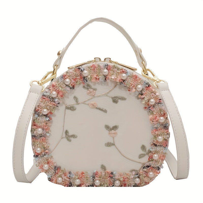 トレンド フラワー刺繍 ラウンドバッグ｜ビーズ装飾 サッチェルバッグ｜ファスナー付き スタイリッシュ ショルダーバッグ