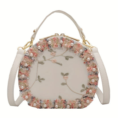 トレンド フラワー刺繍 ラウンドバッグ｜ビーズ装飾 サッチェルバッグ｜ファスナー付き スタイリッシュ ショルダーバッグ