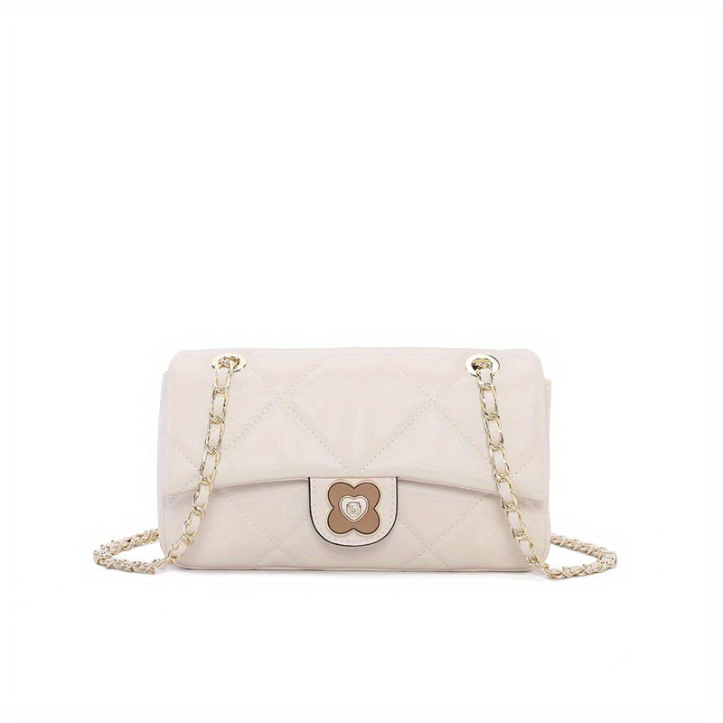 キルティング チェーン クロスボディバッグ｜メタルフラワー装飾 フラップ パース｜レディース レザー スクエア ショルダーバッグ