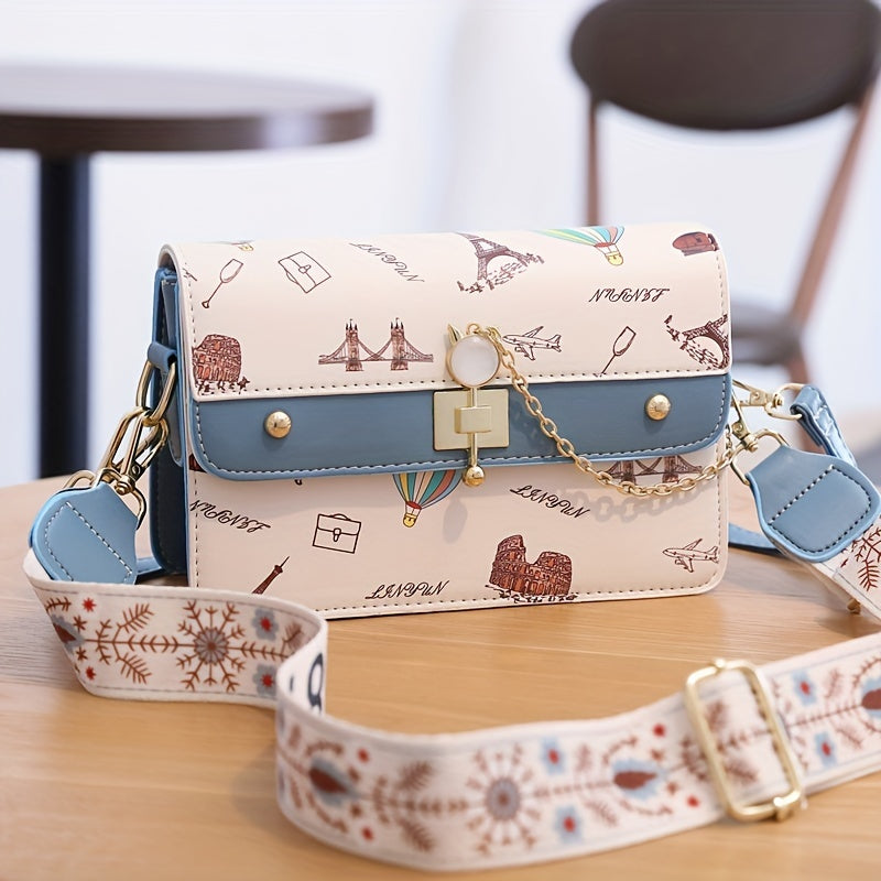 カートゥーン柄 スクエア ショルダーバッグ｜スタイリッシュ 配色デザイン バッグ｜オールマッチ クロスボディバッグ