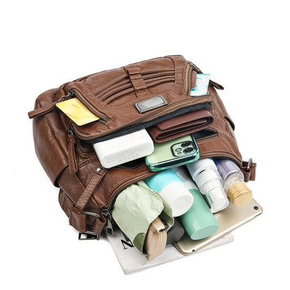 パッチ装飾 クロスボディバッグ｜レディース ソフト PUレザー ショルダーバッグ｜大容量 マルチファスナー パース