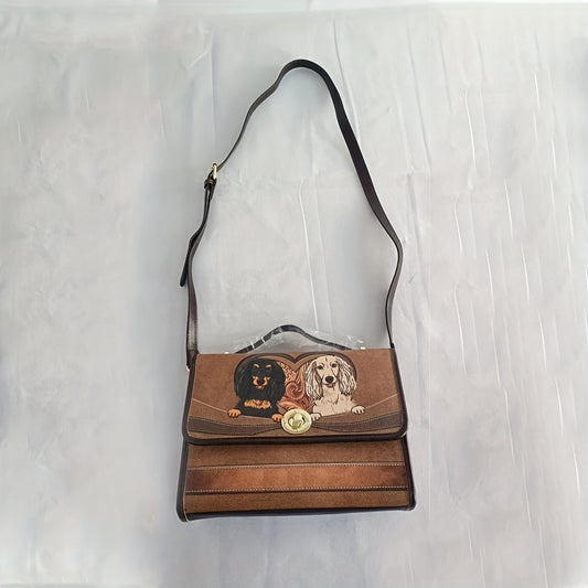 犬柄 カートゥーンプリント クロスボディバッグ｜ハンドル付き 合成皮革 ハンドバッグ｜ストラップ取り外し可能 マグネット ショルダーバッグ（1点）