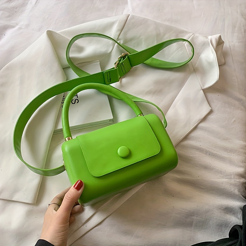 トレンド ボックス型 ハンドバッグ｜ボタン付き 無地 クロスボディバッグ｜個性派 フラップ スクエア バッグ