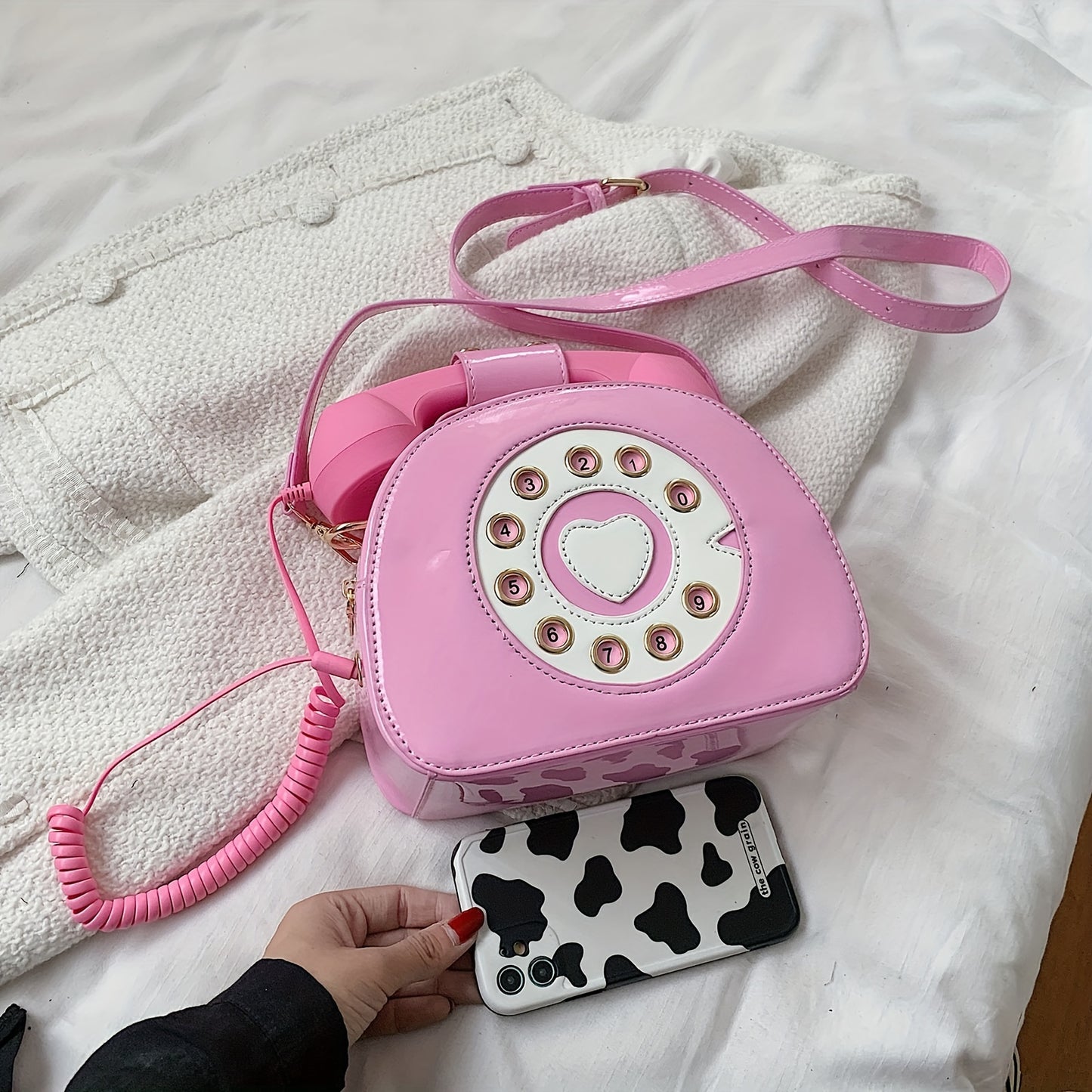 電話型 ショルダーバッグ｜クリエイティブ PUレザー クロスボディバッグ｜個性派 ファスナー付き レディースバッグ