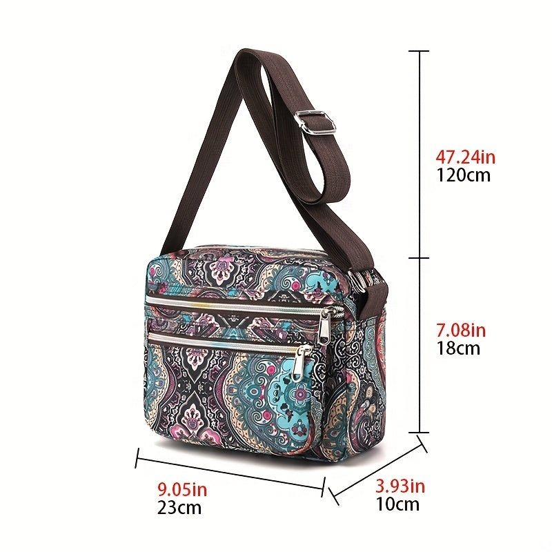 ヴィンテージ柄 スクエア ショルダーバッグ｜レディース ファスナー付き クロスボディバッグ｜通勤・旅行用 クラシックバッグ