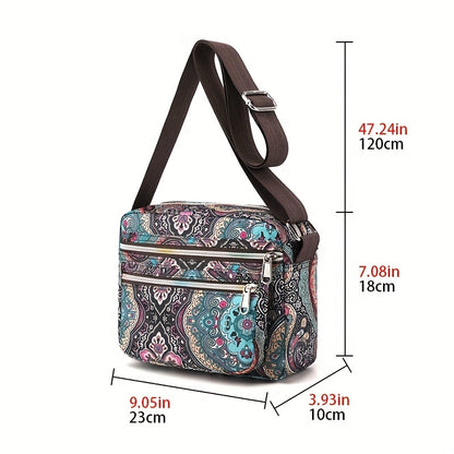 ヴィンテージ柄 スクエア ショルダーバッグ｜レディース ファスナー付き クロスボディバッグ｜通勤・旅行用 クラシックバッグ