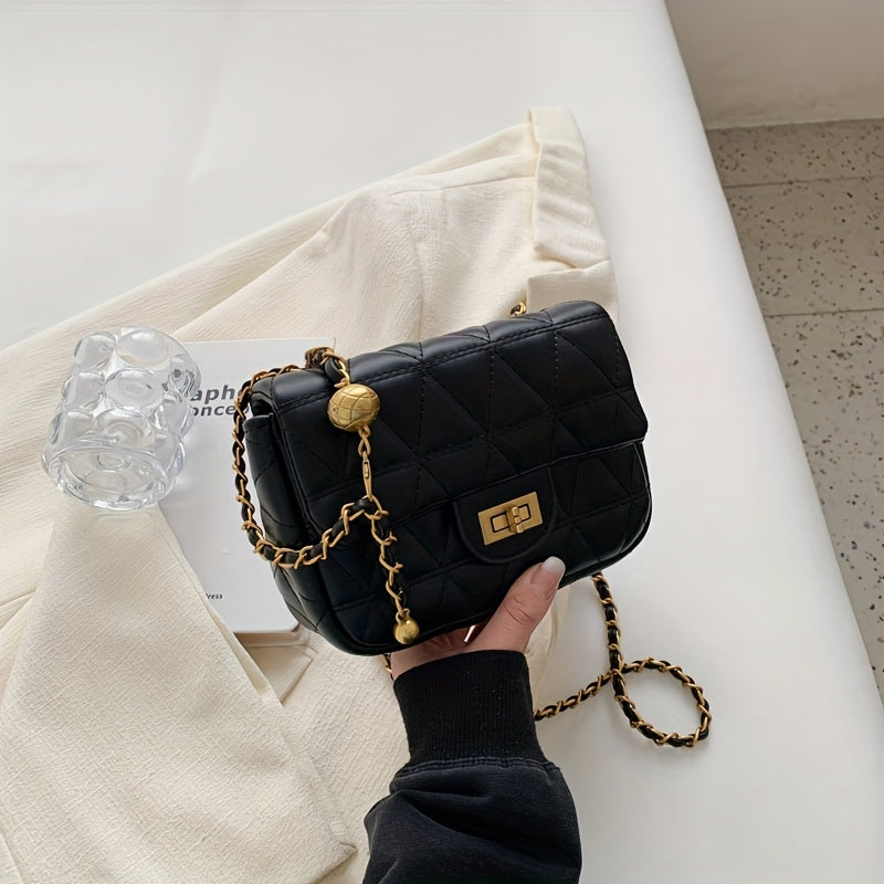 アーガイル キルティング チェーン クロスボディバッグ｜ミニ ターンロック ショルダーバッグ｜レディース 合成皮革 フラップ パース