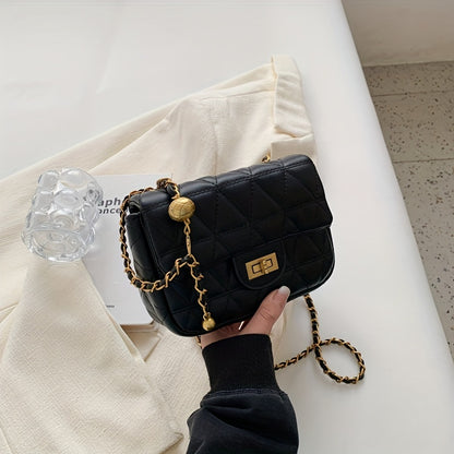 アーガイル キルティング チェーン クロスボディバッグ｜ミニ ターンロック ショルダーバッグ｜レディース 合成皮革 フラップ パース