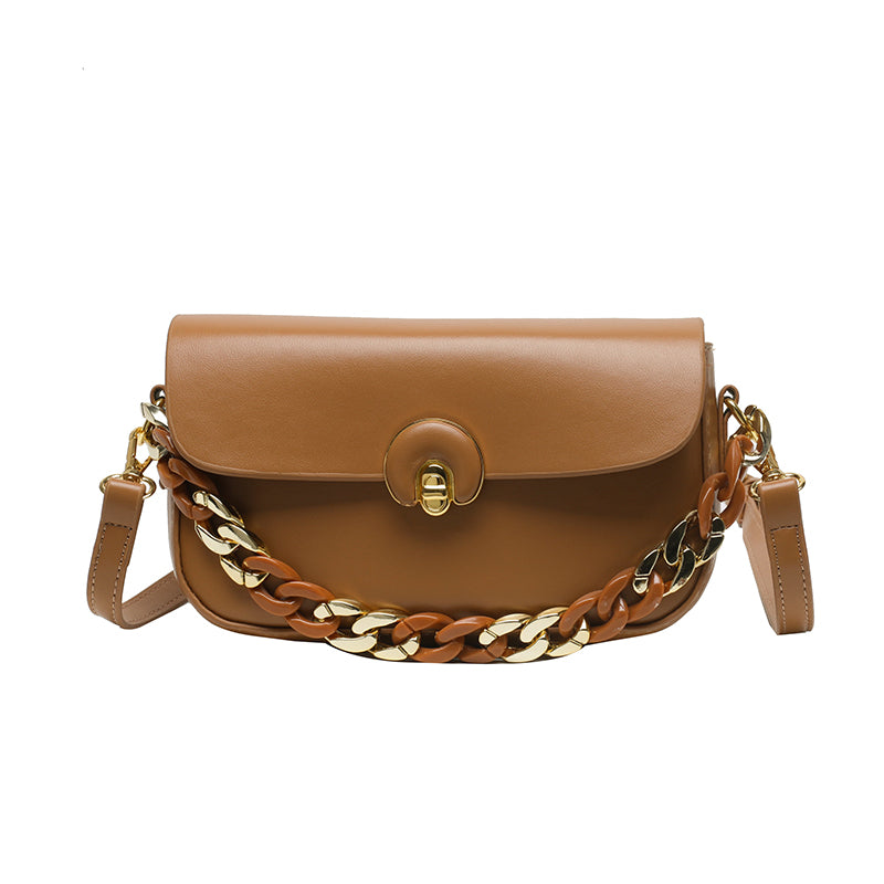 チェーン装飾 バゲットバッグ｜トレンド 合成皮革 クロスボディバッグ｜バックル付き ミニ フラップ パース