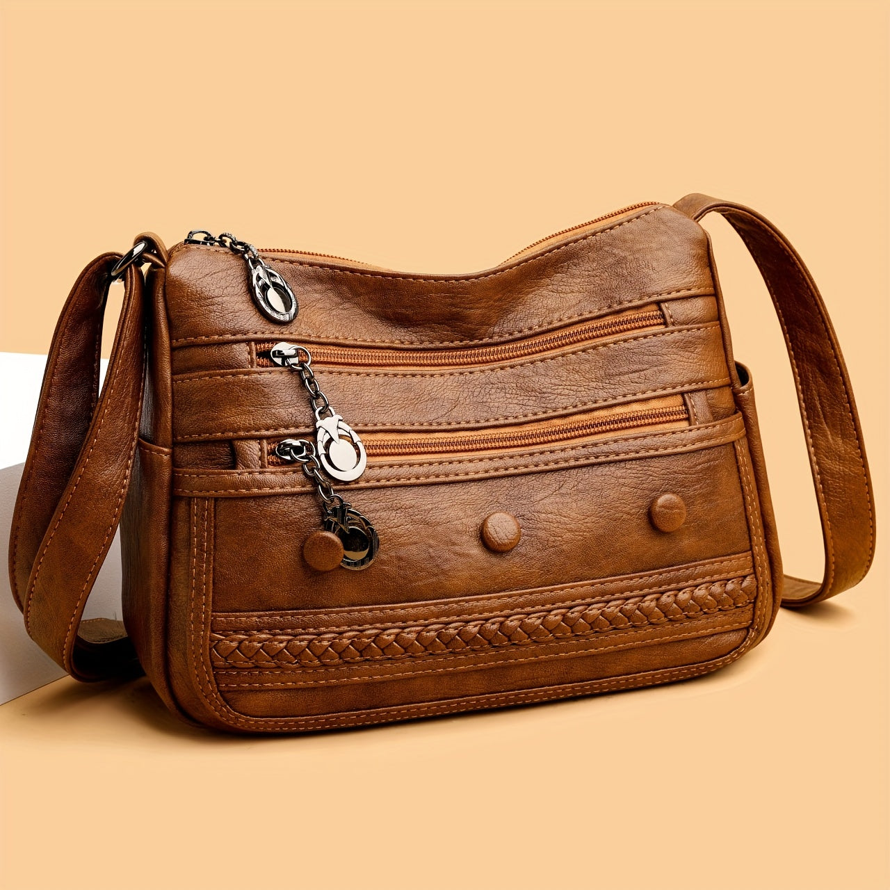 ボタン装飾 クロスボディバッグ｜レディース 多ポケット ハンドバッグ｜ファッション PU ショルダーバッグ