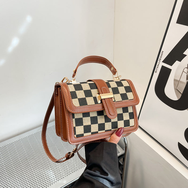 チェック柄 スクエア ハンドバッグ｜バックル装飾 ショルダーバッグ｜レディース フラップ パース