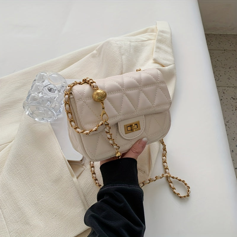 アーガイル キルティング チェーン クロスボディバッグ｜ミニ ターンロック ショルダーバッグ｜レディース 合成皮革 フラップ パース