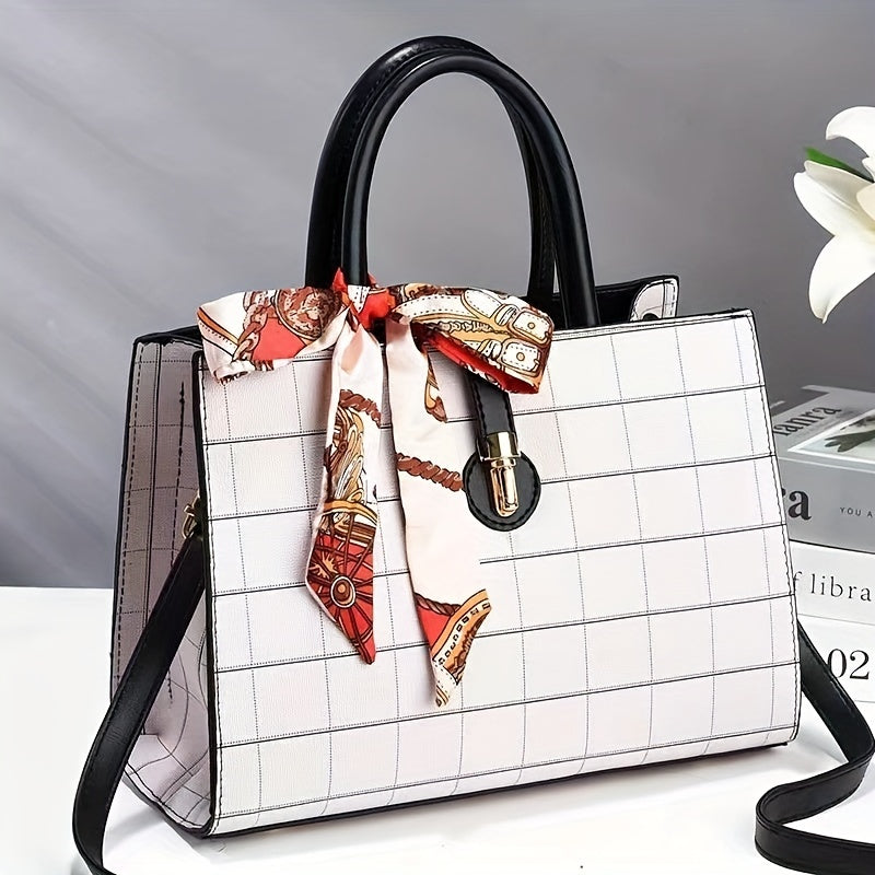 ウィンドウペーン柄 トートバッグ｜スカーフ装飾 サッチェル パース｜レディース 合成皮革 クロスボディバッグ
