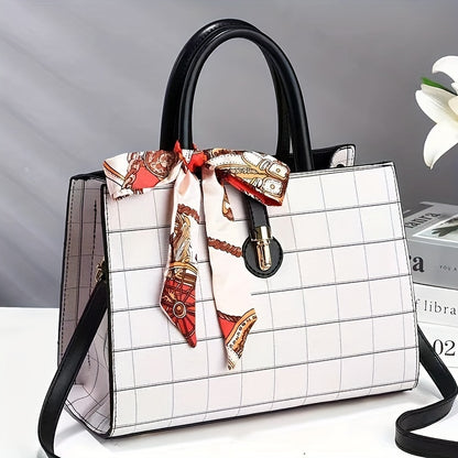 ウィンドウペーン柄 トートバッグ｜スカーフ装飾 サッチェル パース｜レディース 合成皮革 クロスボディバッグ