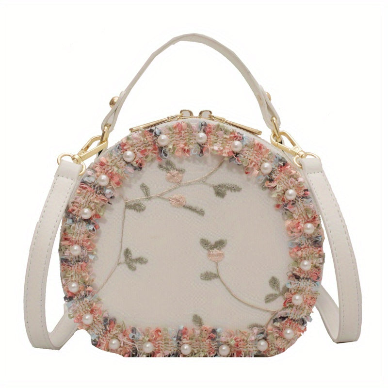 トレンド フラワー刺繍 ラウンドバッグ｜ビーズ装飾 サッチェルバッグ｜ファスナー付き スタイリッシュ ショルダーバッグ