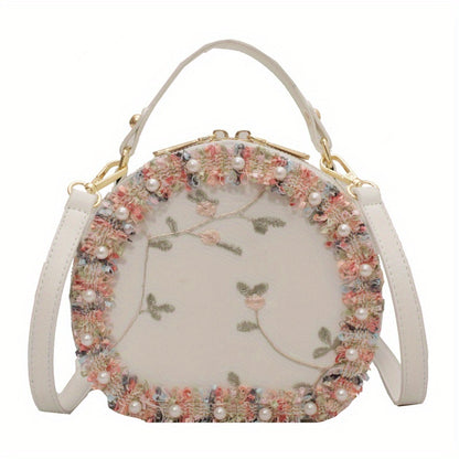 トレンド フラワー刺繍 ラウンドバッグ｜ビーズ装飾 サッチェルバッグ｜ファスナー付き スタイリッシュ ショルダーバッグ