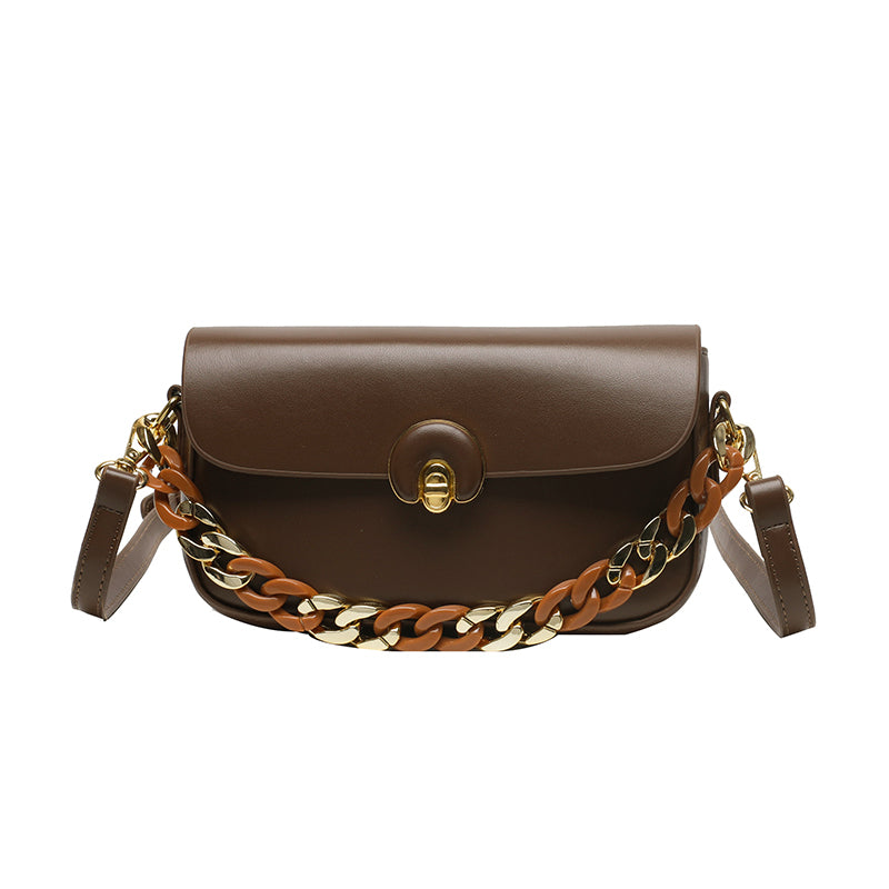 チェーン装飾 バゲットバッグ｜トレンド 合成皮革 クロスボディバッグ｜バックル付き ミニ フラップ パース
