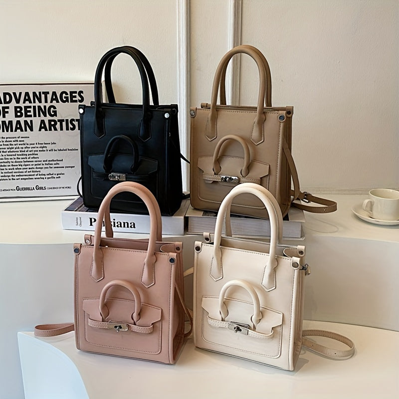 ニッチデザイン スクエア ショルダーバッグ｜無地 オールマッチ サッチェルバッグ｜レディース ターンロックバッグ