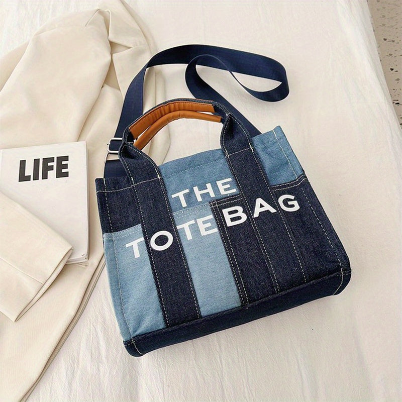 カラーブロック デニム トートショルダーバッグ｜軽量 シンプル レタープリント バッグ｜トレンド サッチェルバッグ