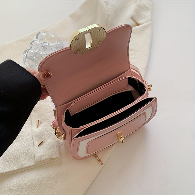 配色コントラスト ハンドバッグ｜スウィート バックル クロスボディバッグ｜レディース ミニ PUレザー フラップ パース
