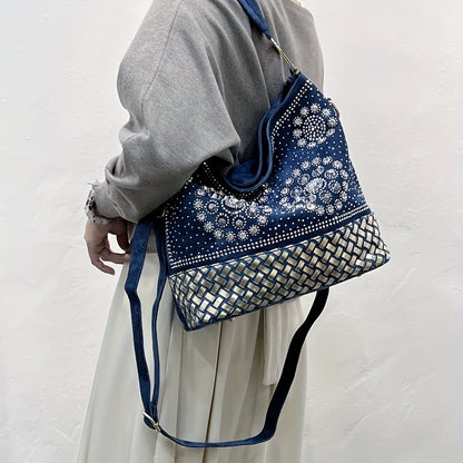 フラワー柄 ラインストーン装飾 ショルダーバッグ｜トレンド デニム クロスボディバッグ｜オールマッチ レディースバッグ