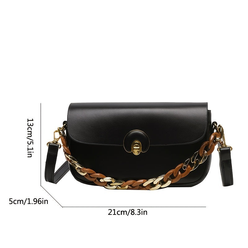 チェーン装飾 バゲットバッグ｜トレンド 合成皮革 クロスボディバッグ｜バックル付き ミニ フラップ パース