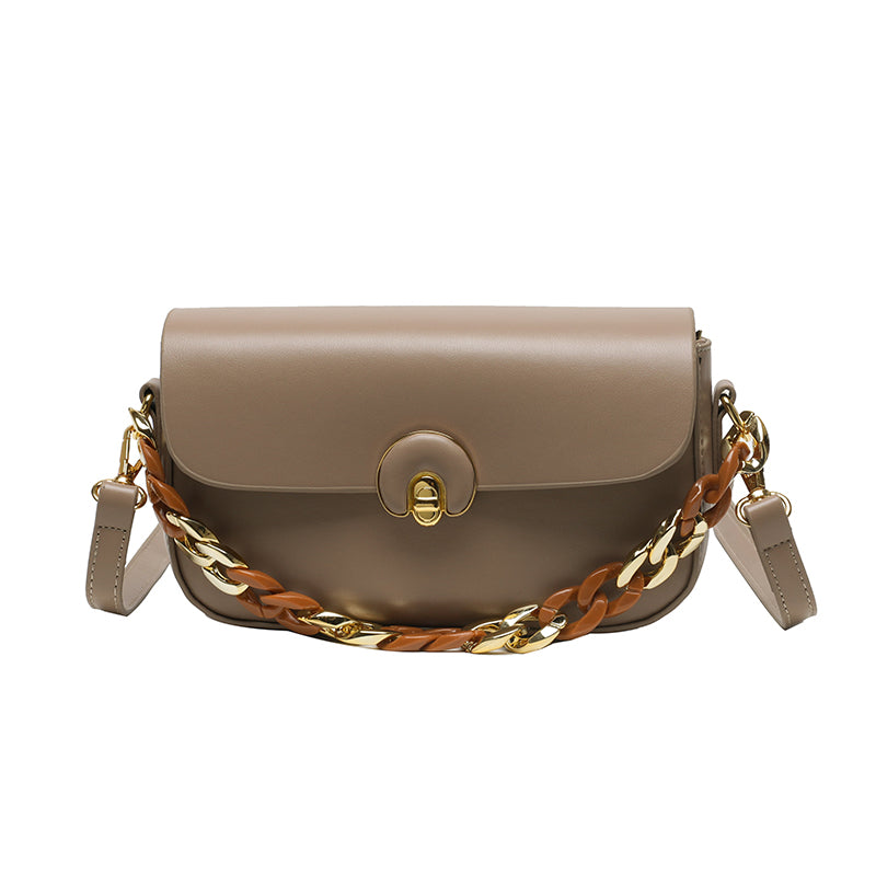 チェーン装飾 バゲットバッグ｜トレンド 合成皮革 クロスボディバッグ｜バックル付き ミニ フラップ パース