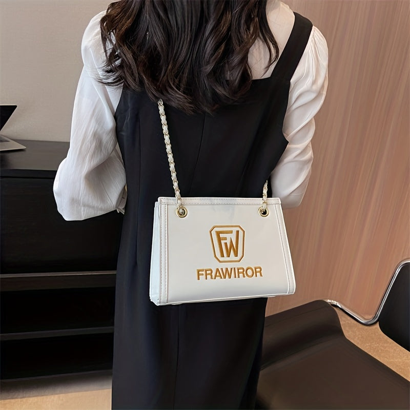 レターパターン スクエア ショルダーバッグ｜PUレザー ファスナー付き スリングバッグ｜大容量 カジュアル クロスボディバッグ