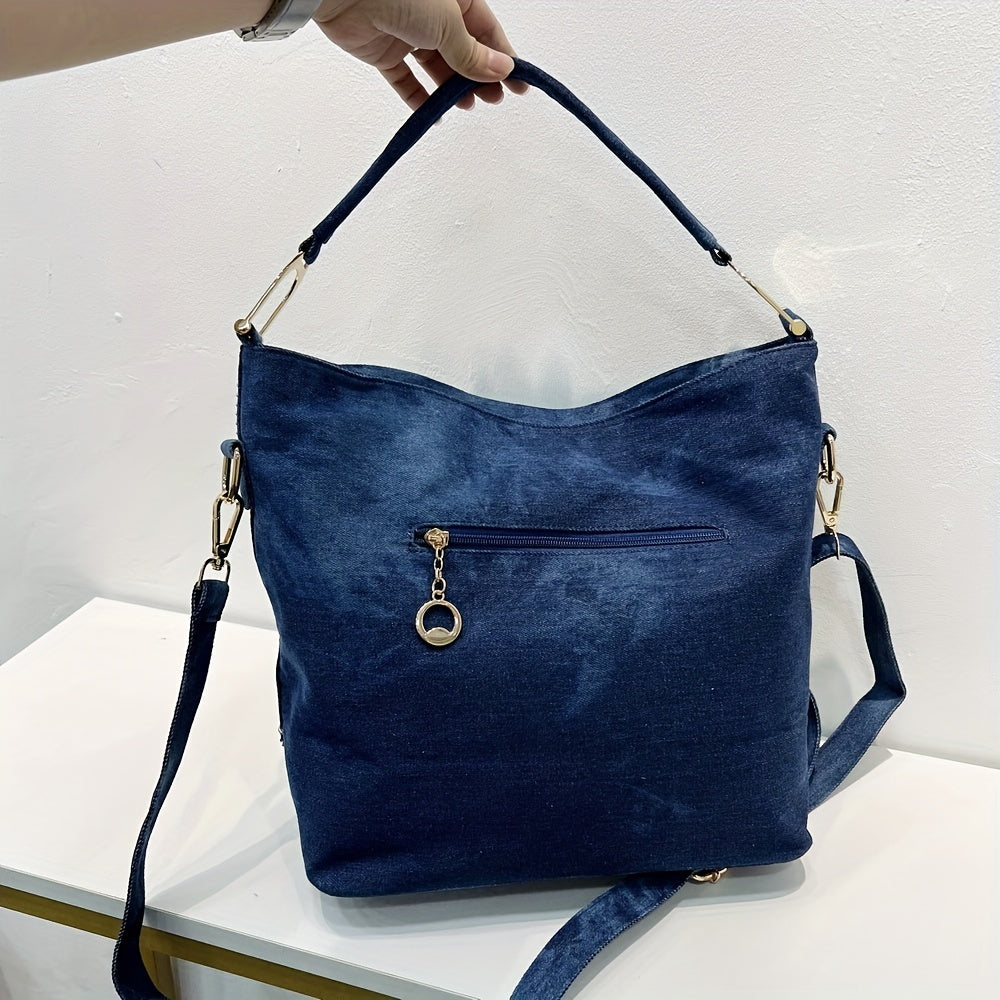 フラワー柄 ラインストーン装飾 ショルダーバッグ｜トレンド デニム クロスボディバッグ｜オールマッチ レディースバッグ