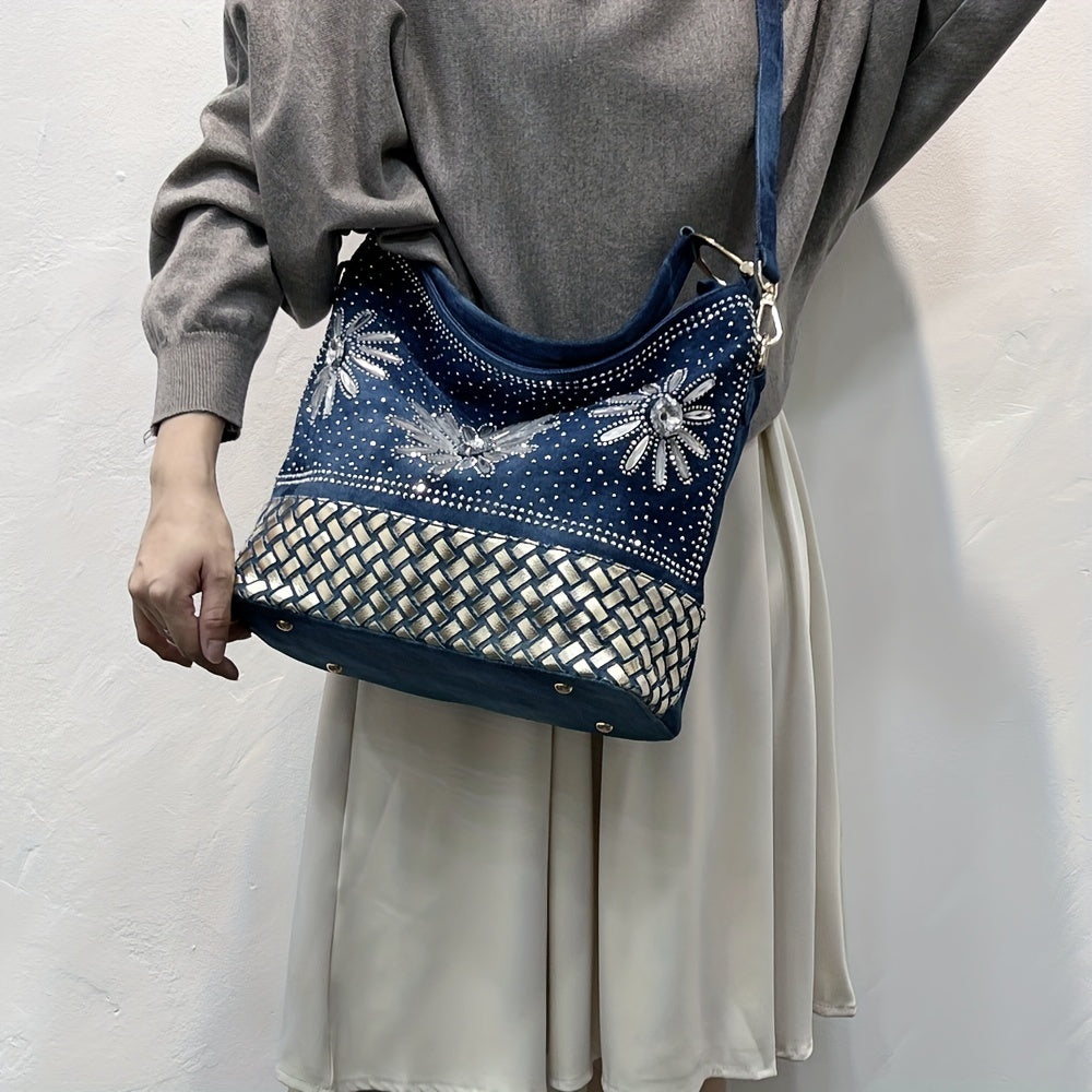 フラワー柄 ラインストーン装飾 ショルダーバッグ｜トレンド デニム クロスボディバッグ｜オールマッチ レディースバッグ