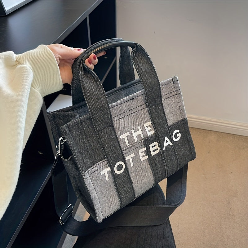 カラーブロック デニム トートショルダーバッグ｜軽量 シンプル レタープリント バッグ｜トレンド サッチェルバッグ