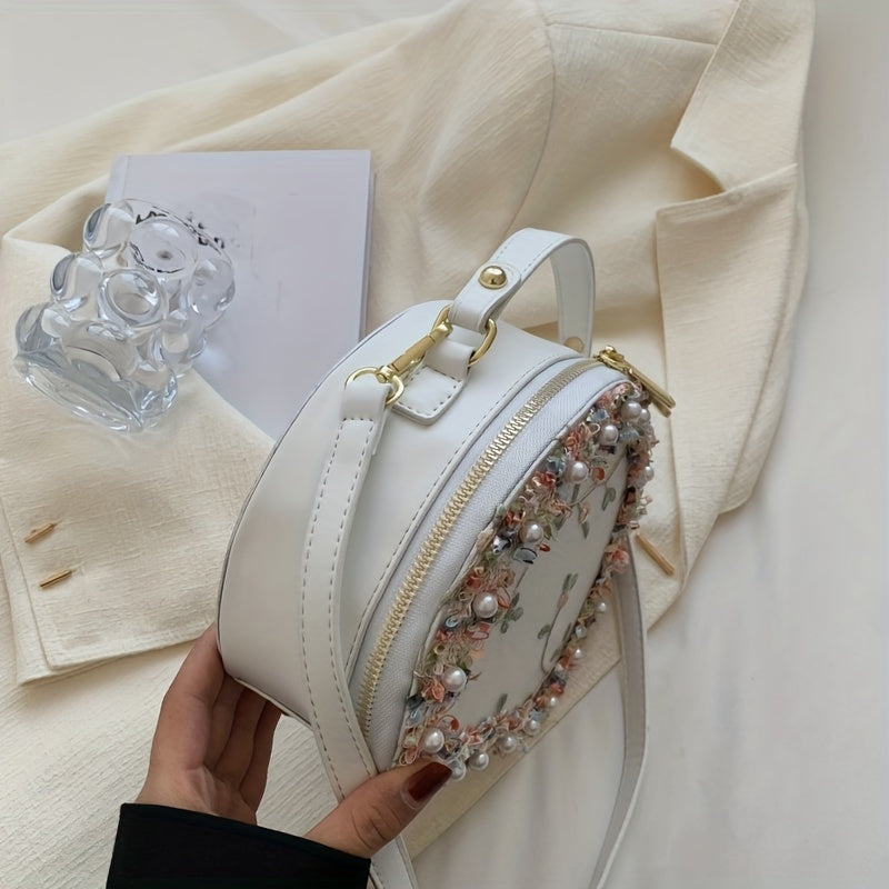 トレンド フラワー刺繍 ラウンドバッグ｜ビーズ装飾 サッチェルバッグ｜ファスナー付き スタイリッシュ ショルダーバッグ