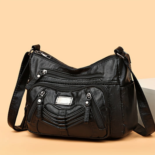 パッチ装飾 クロスボディバッグ｜レディース ソフト PUレザー ショルダーバッグ｜大容量 マルチファスナー パース