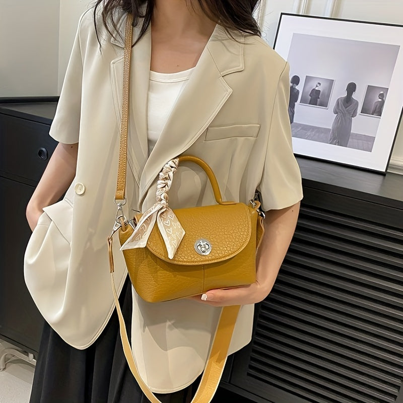 スカーフ装飾 ハンドバッグ｜ターンロック クロスボディバッグ｜トップハンドル フラップ レディース パース