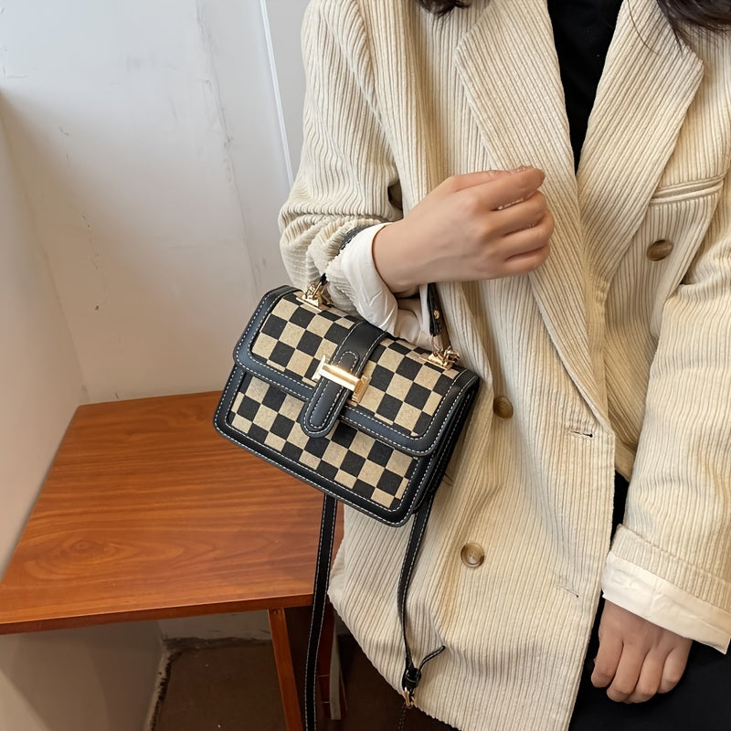 チェック柄 スクエア ハンドバッグ｜バックル装飾 ショルダーバッグ｜レディース フラップ パース