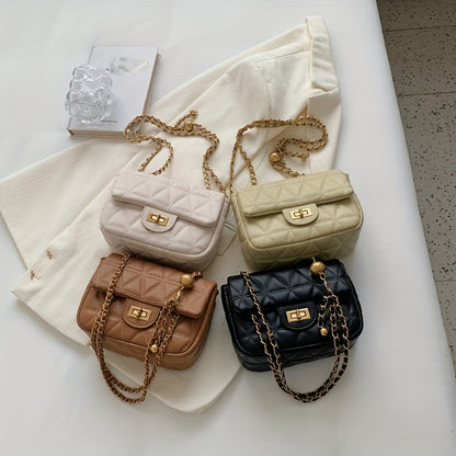 アーガイル キルティング チェーン クロスボディバッグ｜ミニ ターンロック ショルダーバッグ｜レディース 合成皮革 フラップ パース