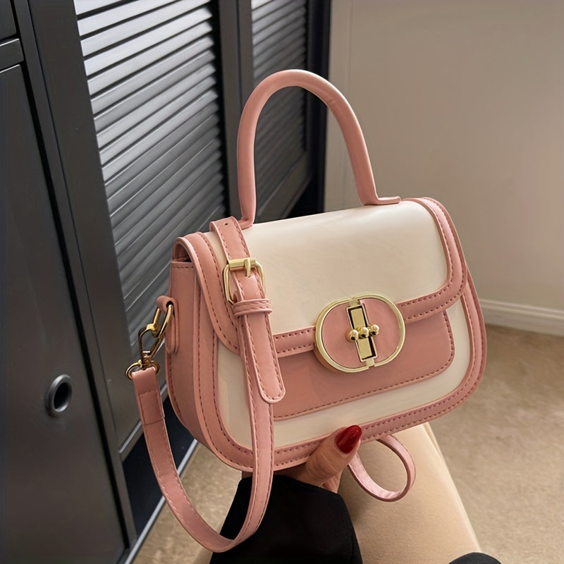 配色コントラスト ハンドバッグ｜スウィート バックル クロスボディバッグ｜レディース ミニ PUレザー フラップ パース